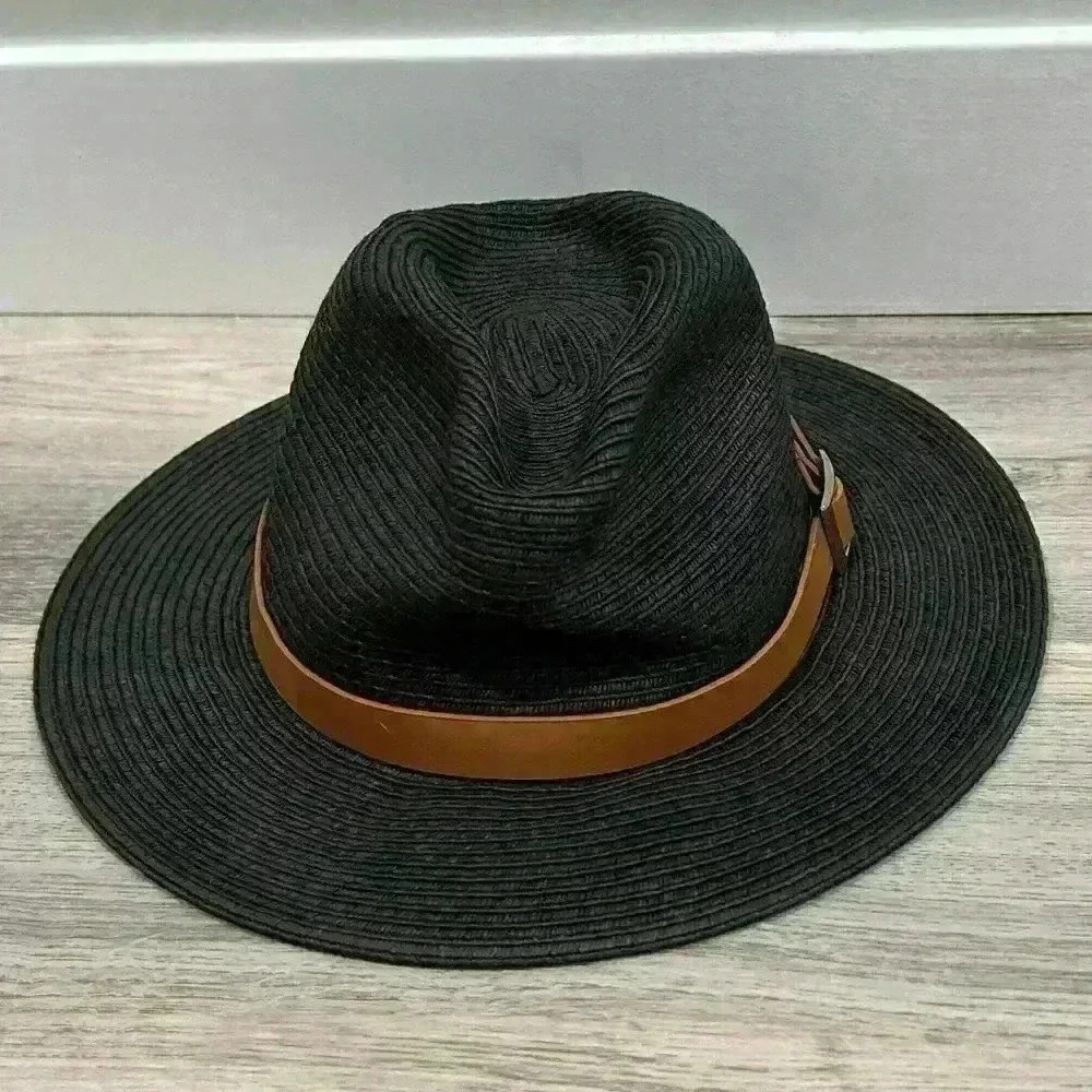 Unisex Straw Panama Hat Wide Brim Fedora Women’s Men’s Sun Black/Brown One Size